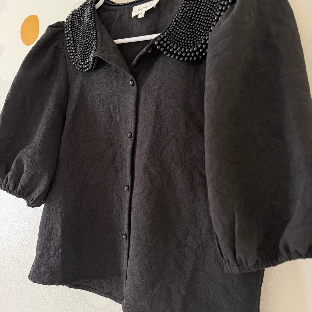 Bohme Black Pearl Collared Textured Floral Button Up Puff Sleeve Blouse - Picture 5 of 11